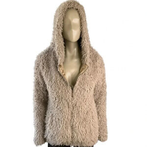 COUNTESS Faux Fur Fuzzy Zip Up Hooded Pea Coat Jacket Taupe Women Size M